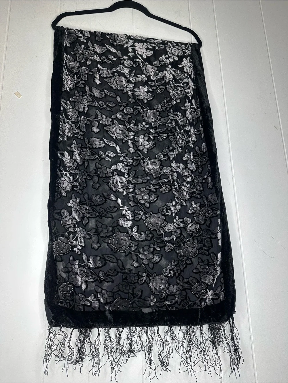Vintage 90s Black Velvet Floral Burnout Shawl Scarf